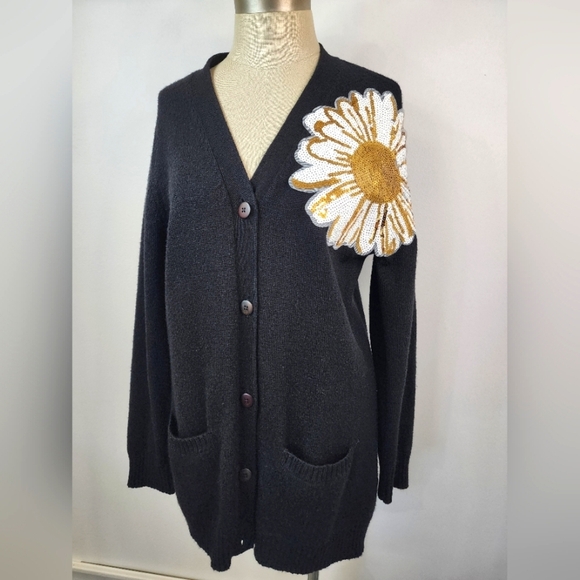 Laura Scott Upcycle Black Knit Lg Cardigan W/ Flower, Size LG - Picture 1 of 9